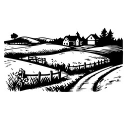 Farmhouse in the distance. Engraved drawing. Hand drawing for your design, drawn in black ink on a blue background. Black and white style. Sketch. Ideal for postcard, book, poster, banner. Vector	