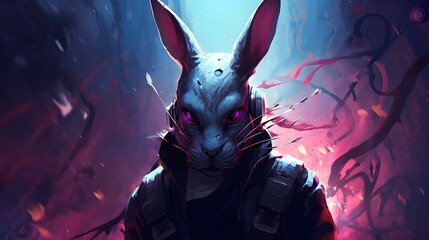 a man wearing a cyberpunk bunny mask