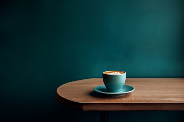 A cup of cappuccino on a wooden table across deep teal wall