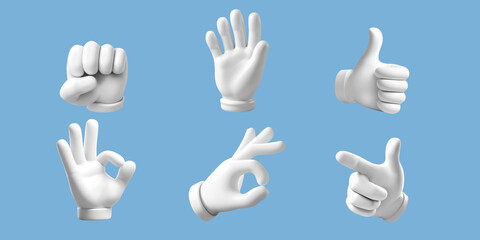 3D render white gloves hand gesture set, cartoon character