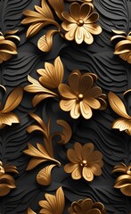 Black and Golden Luxury Elegant Seamless Pattern Exotic Oriental Floral with Flowers and Leaves in 3D Design Illustration Background. 3D Abstraction Wallpaper, Generative AI