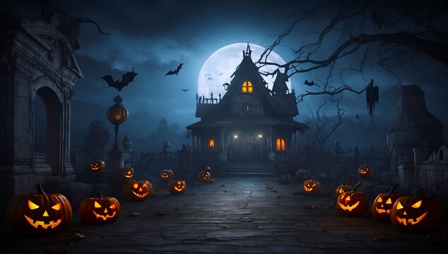 Underwater Horror house with jack o lanterns and full moon. Concept of Halloween. Digital illustration. CG Artwork Background