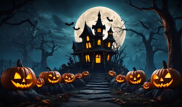 Underwater Horror house with jack o lanterns and full moon. Concept of Halloween. Digital illustration. CG Artwork Background