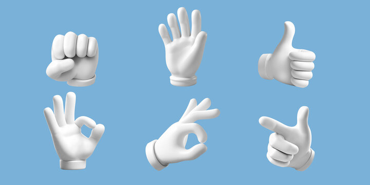 3D render white gloves hand gesture set, cartoon character