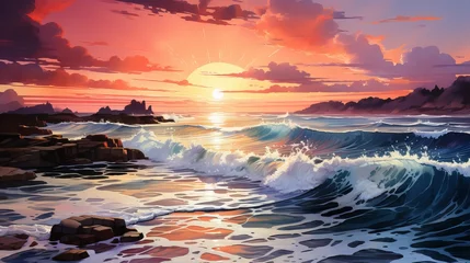 Foto op Aluminium watercolor landscape depicts a beautiful sea sunset © oleksii