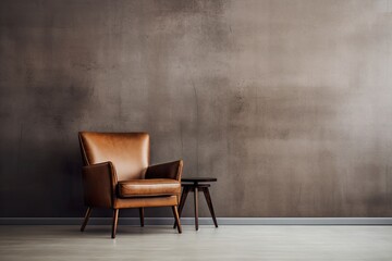 Elegant leather armchair with a stylish side table against a textured dark wall, reflecting a sophisticated interior. Copy space for your picture, poster, decoration and other objects.