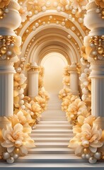 3d mural illustration background with pearl golden jewelry and flowers, circles decorative wallpaper. tunnel road with old columns, Generative AI