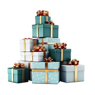 Different Christmas gift boxes on white background. AI generated image.