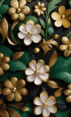 Luxury floral seamless with flowers elegant leather texture illustration background in golden, green, white, and black colors. 3d abstraction wallpaper, Generative AI