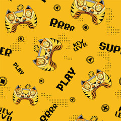 Tiger gamepad cartoon character seamless pattern on yellow background with digital dots, text Play, super, new level. Cartoon kids repeat print with gamepads. Wildlife robotically character © Kseniia Koval
