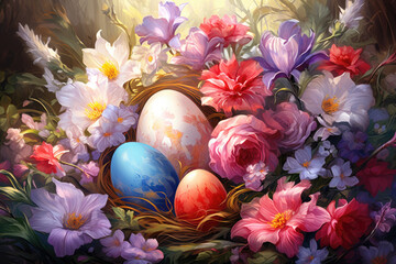 Fototapeta na wymiar Illustration of watercolor Easter eggs in flowers, fantasy painting in pastel colors