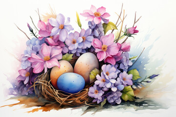 Obraz na płótnie Canvas Illustration of watercolor Easter eggs in flowers, fantasy painting in pastel colors