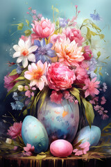 Illustration of watercolor Easter eggs in flowers, fantasy painting in pastel colors