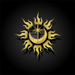 Crescent moon with sunlight and stars. Wicca, alchemy, mystical, magic, celestial, esoteric, sacred, spiritual, occult inspired concepts, Graphic logos, tarot cards, astrological symbols