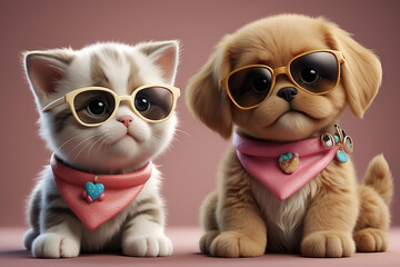 Fototapeta premium Adorable kitten and puppy wearing sunglasses