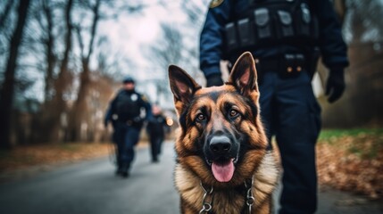 A police officer using a canine unit to search for drugs - Powered by Adobe