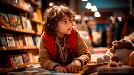 Child looking attentively at the books in a bookstore interested in reading back to school concept loving read a book