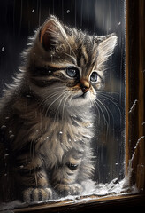 A kitten looks at the raindrops. AI Generated