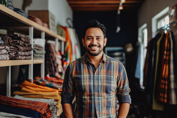 Ethnic small business owner smiling cheerfully in his shop. Portrait of proud confident male shop owner in front of stacked shelves. - obrazy, fototapety, plakaty