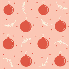 Cute hand drawn christmas seamless vector pattern background illustration with red christmas baubles, fir branches and red dots