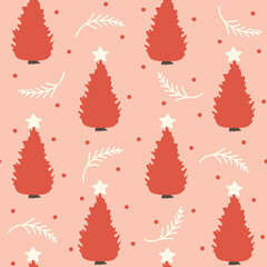 Cute hand drawn christmas seamless vector pattern background illustration with red christmas trees, fir branches and red dots
