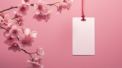 A white label or tag from clothing hangs on a branch of a blossoming cherry tree with a pink background. Blank space for promotional text or discount.