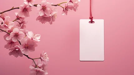Rolgordijnen A white label or tag from clothing hangs on a branch of a blossoming cherry tree with a pink background. Blank space for promotional text or discount. © OleksandrZastrozhnov
