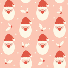 cute christmas seamless vector pattern background illustration with cartoon character santa claus, mistletoe and snowflakes
