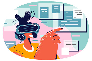 Smiling person in VR glasses explore technology