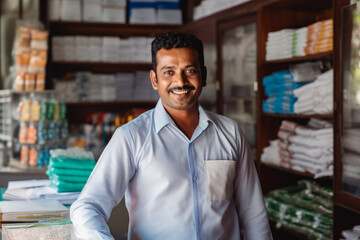 Indian small business owner smiling cheerfully in his shop. Portrait of proud confident male shop owner in front of stacked shelves.