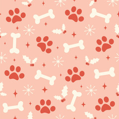 cute christmas seamless vector pattern background illustration with red paw prints, bones, stars, mistletoe and snowflakes - 673944389