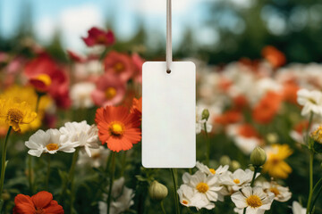 White tag or label hanging on a flower field background. Free space for product placement or advertising text.
