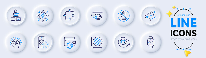 World globe, Empower and Smartwatch line icons for web app. Pack of Phone puzzle, Work home, Power pictogram icons. Puzzle, Wallet, Medical helicopter signs. Circle area, Dog leash, Corrupt. Vector