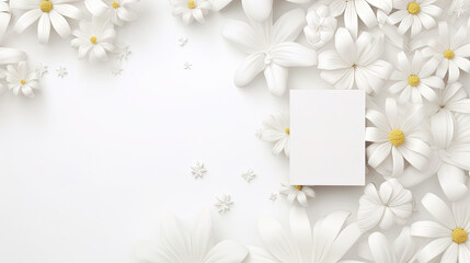 Chamomile flowers on a white background with a blank sheet or flyer in the center.