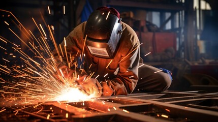 Welder creating sparks during metal joining