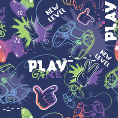 Abstract seamless gamepads pattern. Game pads repeat print on digital grey endless background. Digital Text Game over, Play. Gaming repeated wallpaper for boy clothes, sport textile, wrapping paper © Kseniia Koval