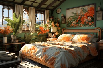 A retro, vintage-style interior design for a bedroom