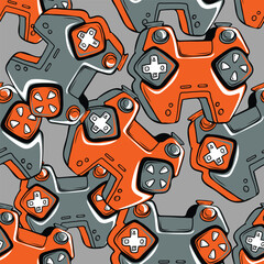 Abstract seamless gamepad pattern. Grey and orange colors ornament with gamepads
