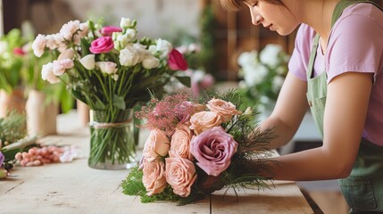 Fototapeta premium Hands of a florist arranging wedding flowers