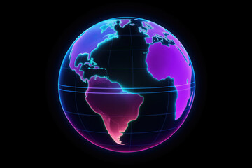 Holographic neon colored wired Earth globe, isolated on black background, 