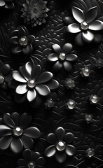 Crystal Flowers on leather texture black wallpaper 3d, Generative AI