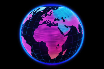 Holographic neon colored wired Earth globe, isolated on black background, 