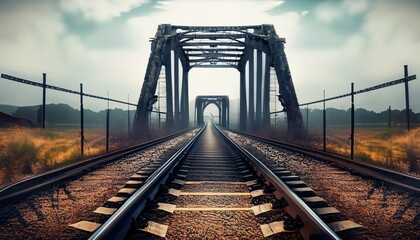 railway bridge at sunset - obrazy, fototapety, plakaty