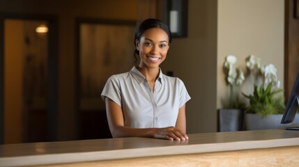 A friendly receptionist welcoming guests with a warm smile - obrazy, fototapety, plakaty