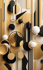 Abstract modern minimalism wallpaper mural art. golden, black, beige, black, and shapes with black lines. 3d illustration, Generative AI