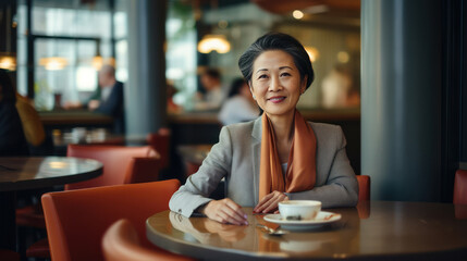 Middle Aged Asian Business Woman wearing Suit sitting at Restaurant Table for Lunch Breakfast Coffee Smiling Looking at Camera - obrazy, fototapety, plakaty