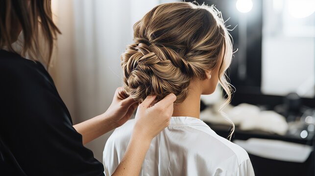 A girl hairstylist working on a bridal updo