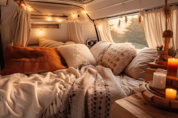 Interior of inside the camper van or trailer bus with cozy Scandinavian hygge style, decoration with bed and kitchen room for vacation, Camping trip concept. - obrazy, fototapety, plakaty
