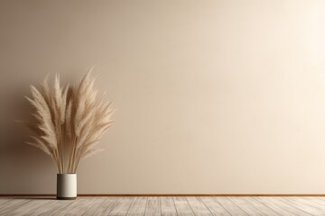 Room with wooden floor, beige wall and empty space. Pampas grass in vase. Mock up interior. Copy space for your furniture, picture, poster, decoration and other objects.