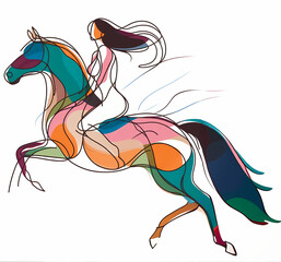 Colorful abstract line drawing of a woman riding a horse on a white background